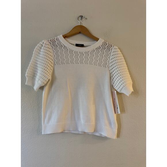 NEW Aqua Cotton Crochet Puff Sleeve Top M White Pointelle Knit Short Sleeve NWT - Picture 3 of 10